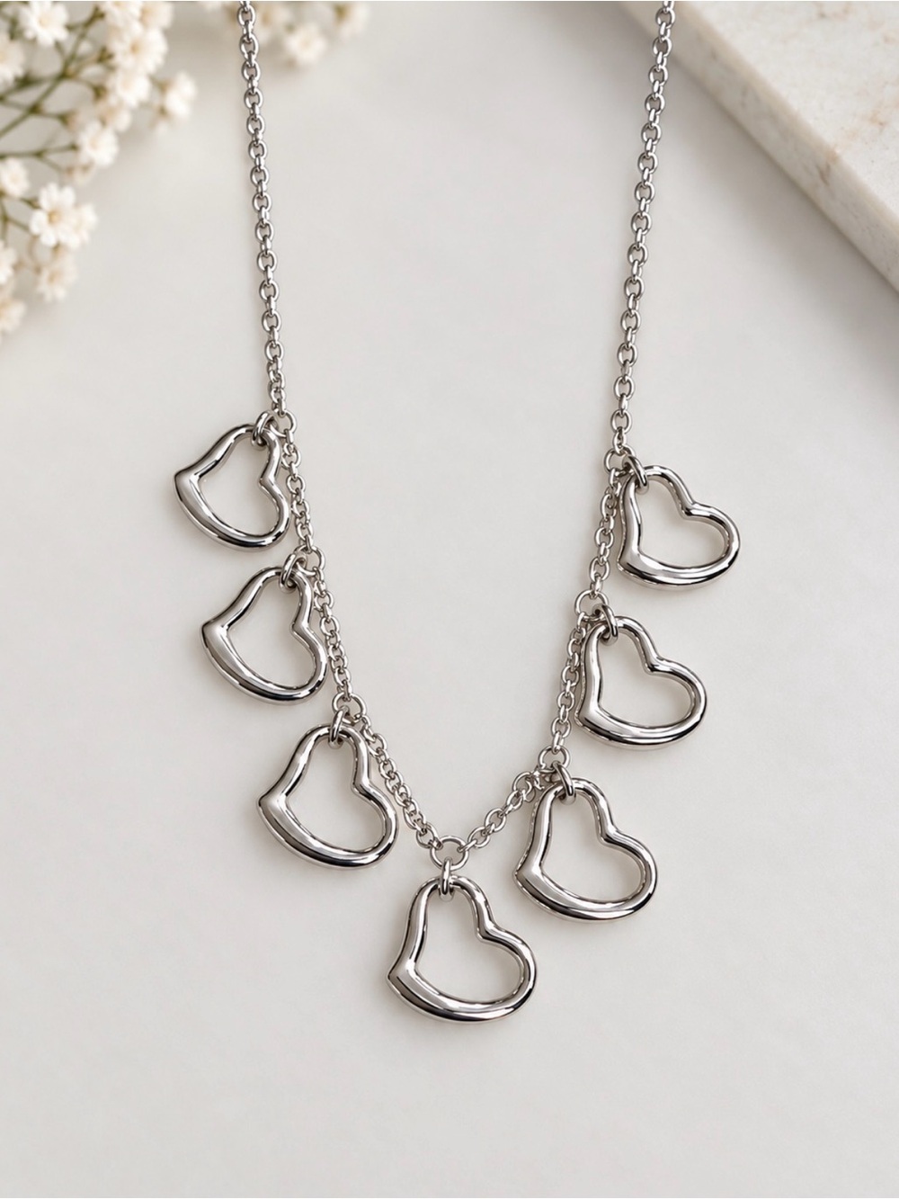 14K Solid Gold Seven Hearts Charms Necklace - Women's Fine Jewelry
